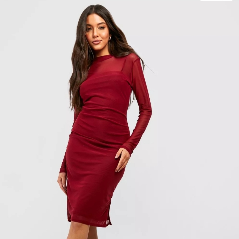 Boohoo red/berry high neck mesh midi dress size 10